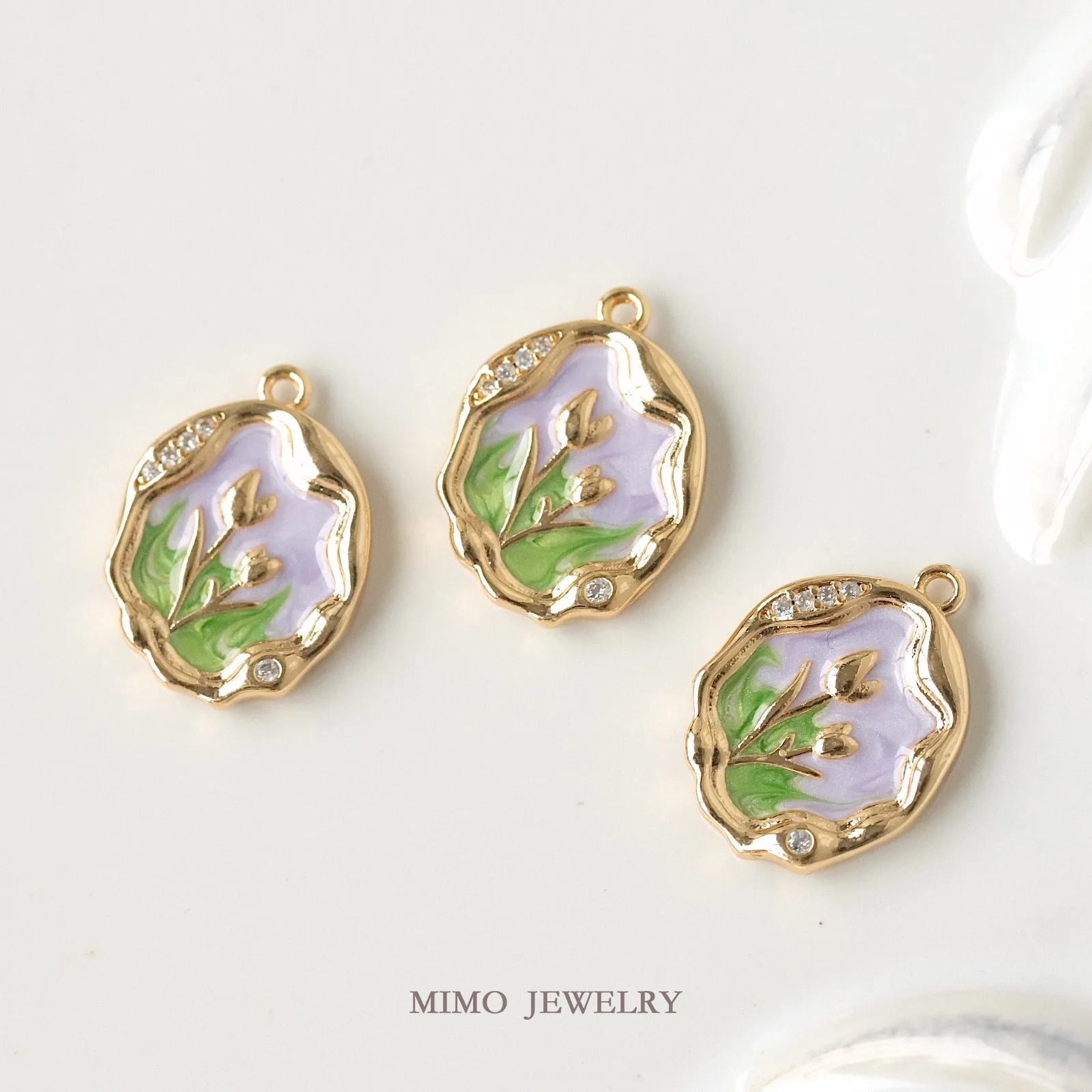 Hand Drawn Green Purple Oil Painting Tulip Flower Plate Charms Pendant Supplies DIY Hand Brass Gold Plated Accessories 14*19mm