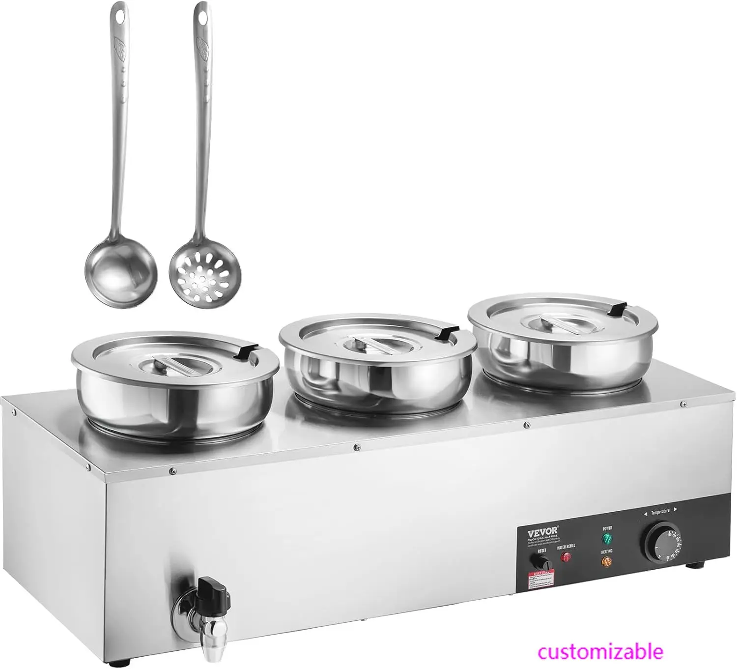

Electric Soup Warmer, Three 7.4QT Stainless Steel Round Pot 86~185°F Adjustable Temp, 1200W Commercial Bain Marie with Anti-dry