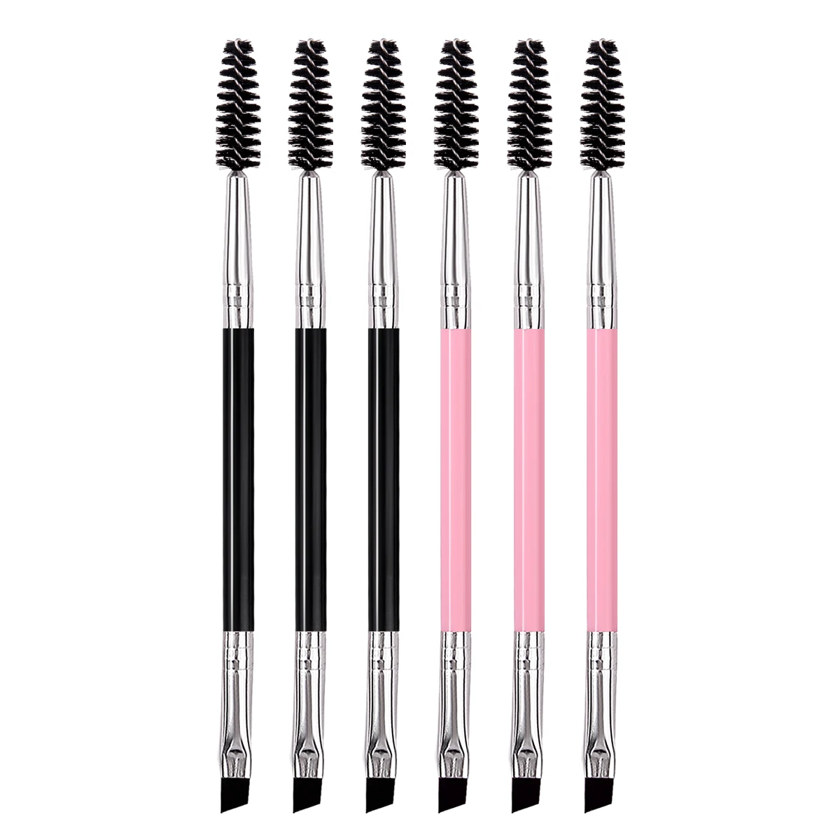 6Pcs Dual‑End Eyebrow Makeup Brushes Double Sided Spoolie Angled Brush Black Pink Handle Eye Cosmetic Makeup Tools