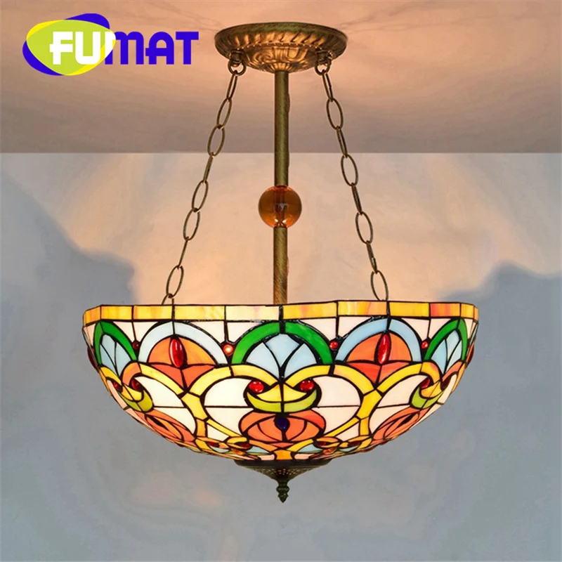 FUMAT Tiffany Vintage style stained glass chandelier Living Room Dining Room Hotel Bedroom 16 inch deco inverted pendant light