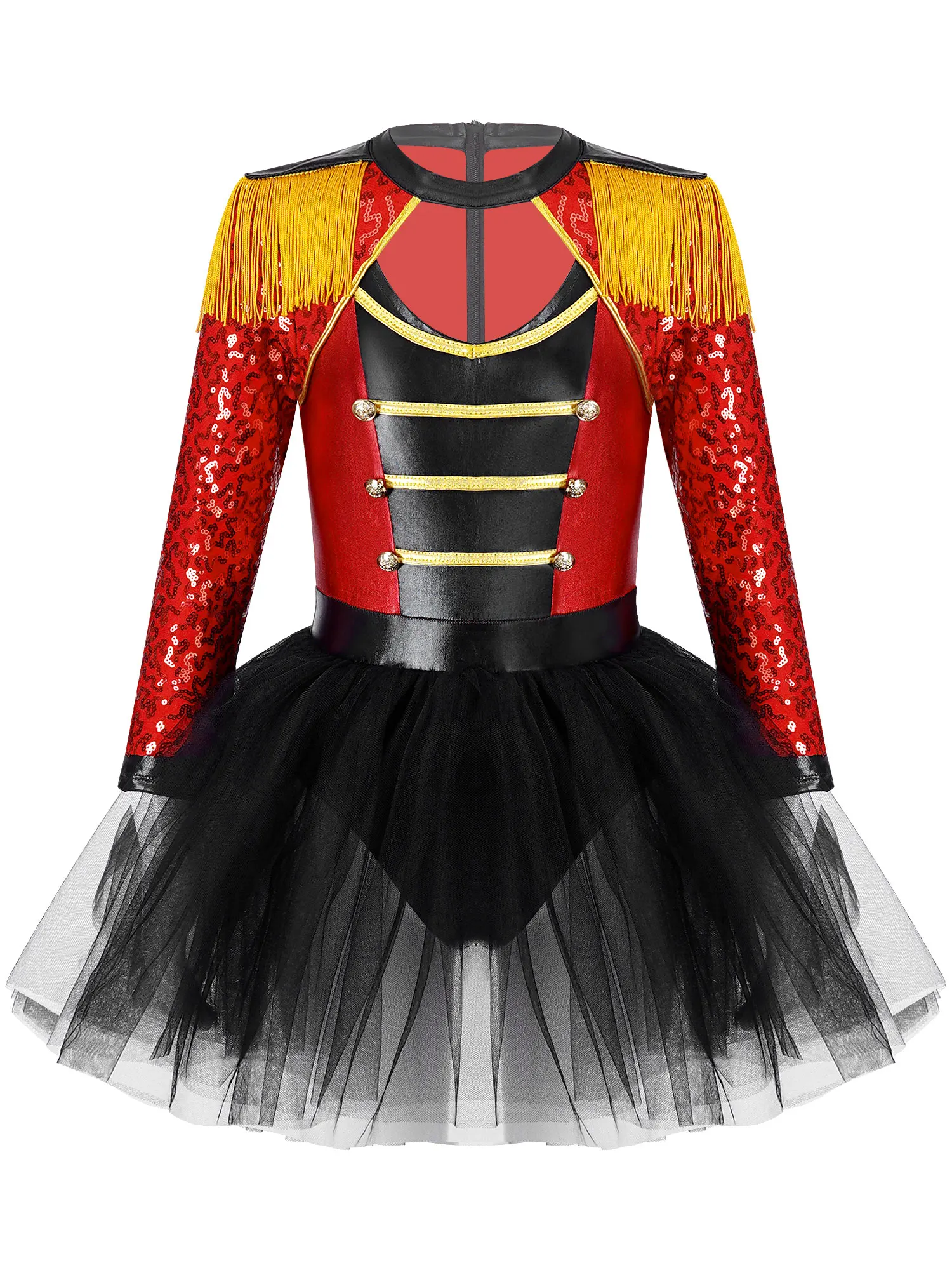 

Kids Girls Magician Circus Dress Up Costumes Carnivals Long Sleeve Sequin Tassel Epaulet Tutu Skirt Built-in Brief Stage Garment