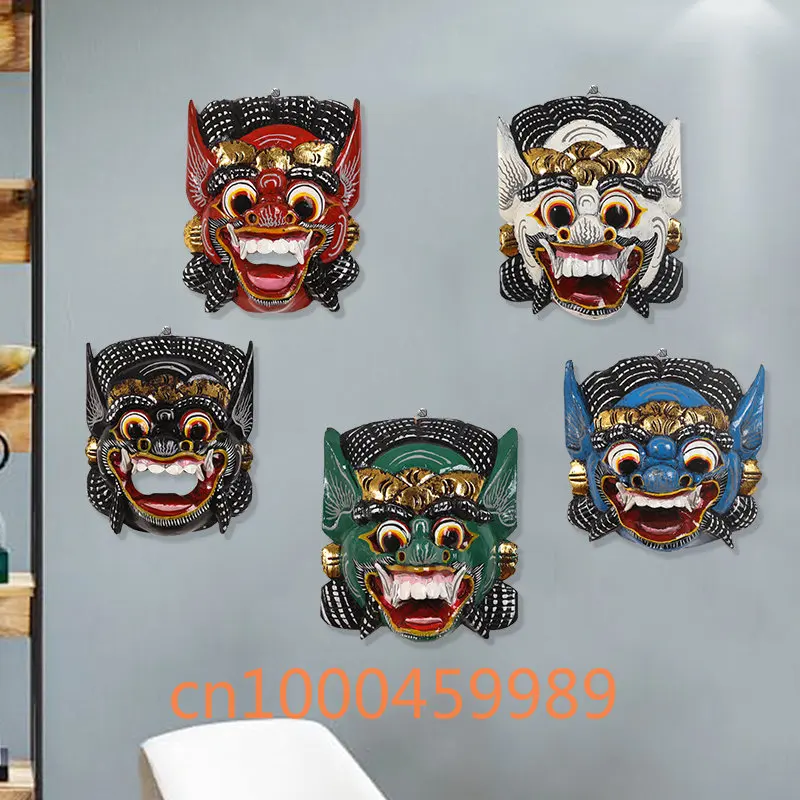 

Thailand Crafts Tattoo Shop Background Wall Hanger Southeast Asian Creative Carving Colored Painting Mask Face Mask Wall Decorat