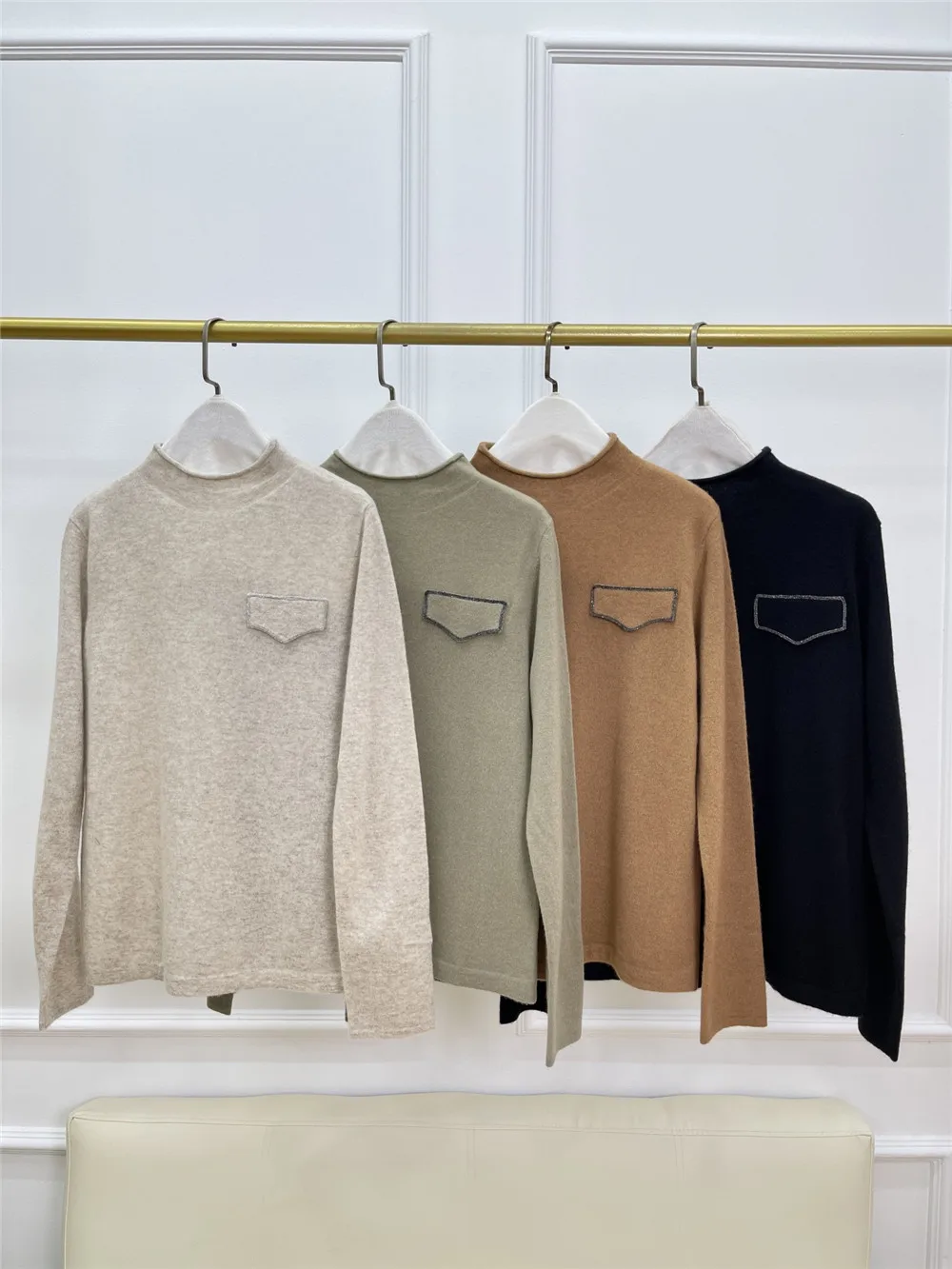 Cashmere Pullover Sweater Anti-StaticO-Neck Pockets Beading Knitted Top's Casual Bottoming Shirt