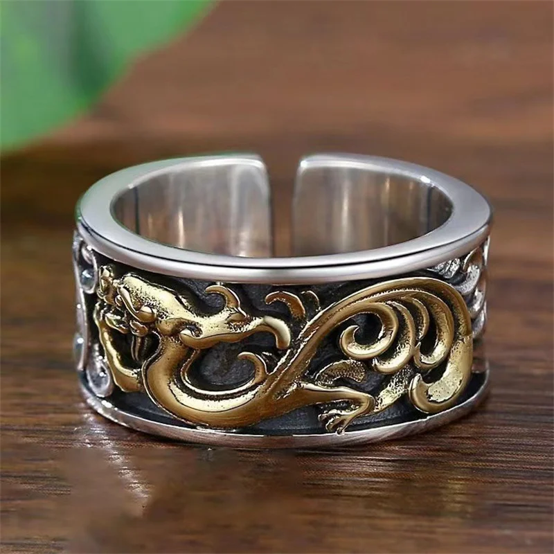 

Classic Lines Flower Pattern Men Ring Open Size Lucky Zodiac Dragon Ring Male Vintage Finger Accessories Gold Silver Colliision
