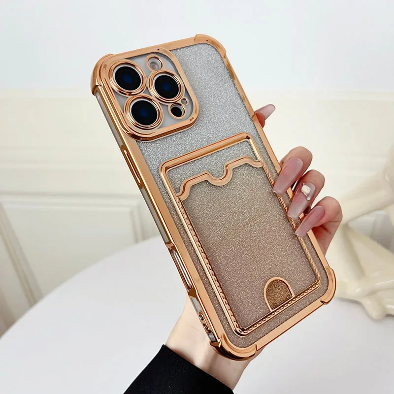 Coque de téléphone avec support de carte plaquée de couleur dégradée, étui souple antichoc pour iPhone 17 Pro Max 16 15 14 Plus 13 12 11 Pro Max