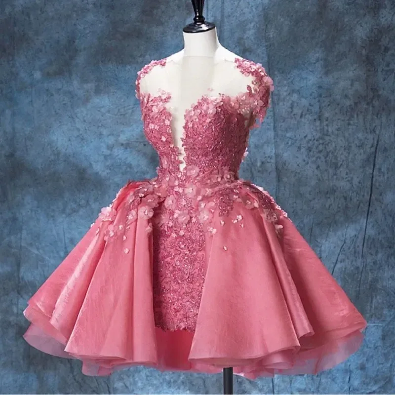 2026 Vestidos de fiesta de cuello transparente de color rosa con cuentas y flores en 3D Vestido corto de fiesta Mini cóctel Vestidos de noche formales Vestido de niña personalizado