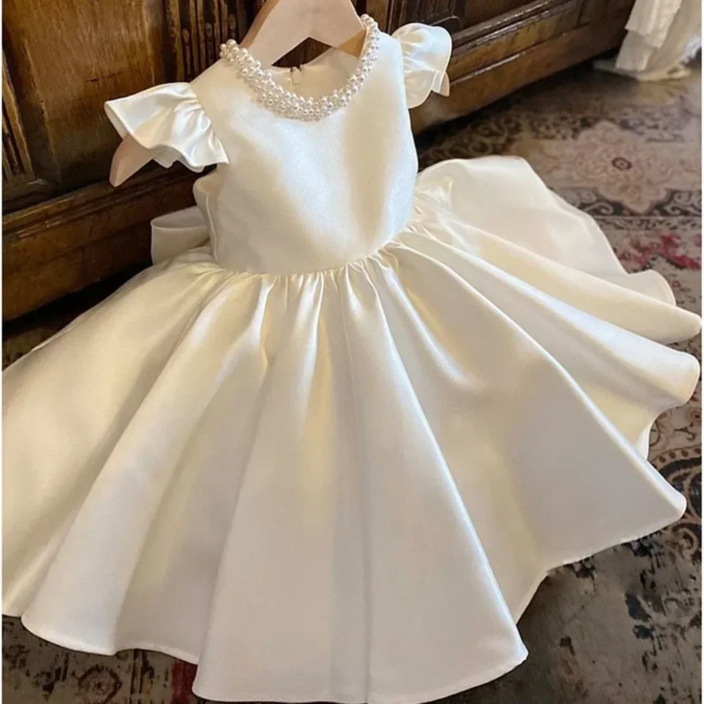 2025 Baby Dresses for Wedding Pearl Necklace Girl Kid's Dress White Toddler Clothes Elegant Birthday Gown 1-8 Years for Eids