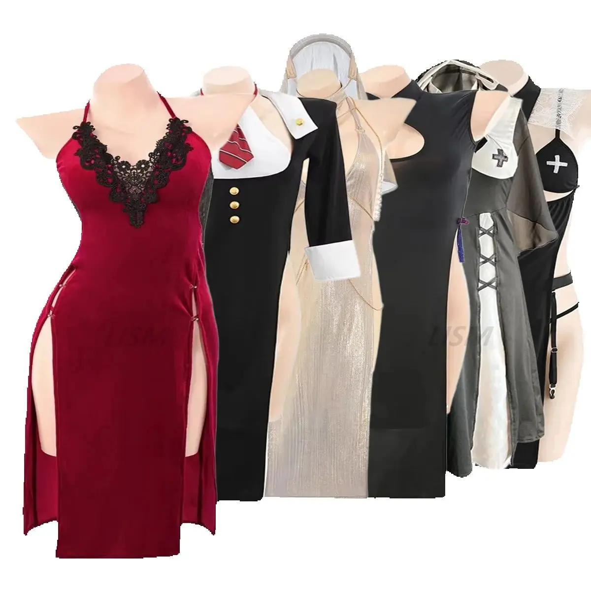 

LISM Sexy Lingerie Long Gown Dress Set High Side Slits nun Cheongsam Qipao Nightwear uniform cosplay for Women