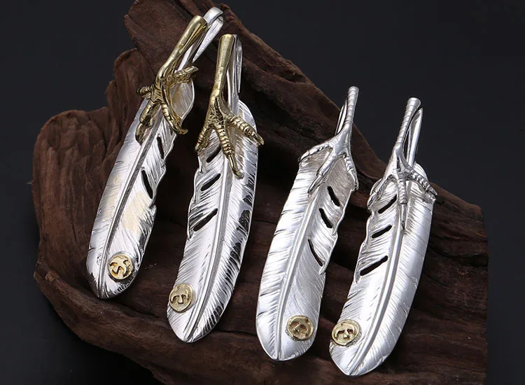 Colgante de plata brillante India para hombres y mujeres, plata pura, oro, garra de águila, pluma blanca, colgante, COLLAR COLGANTE, Ta