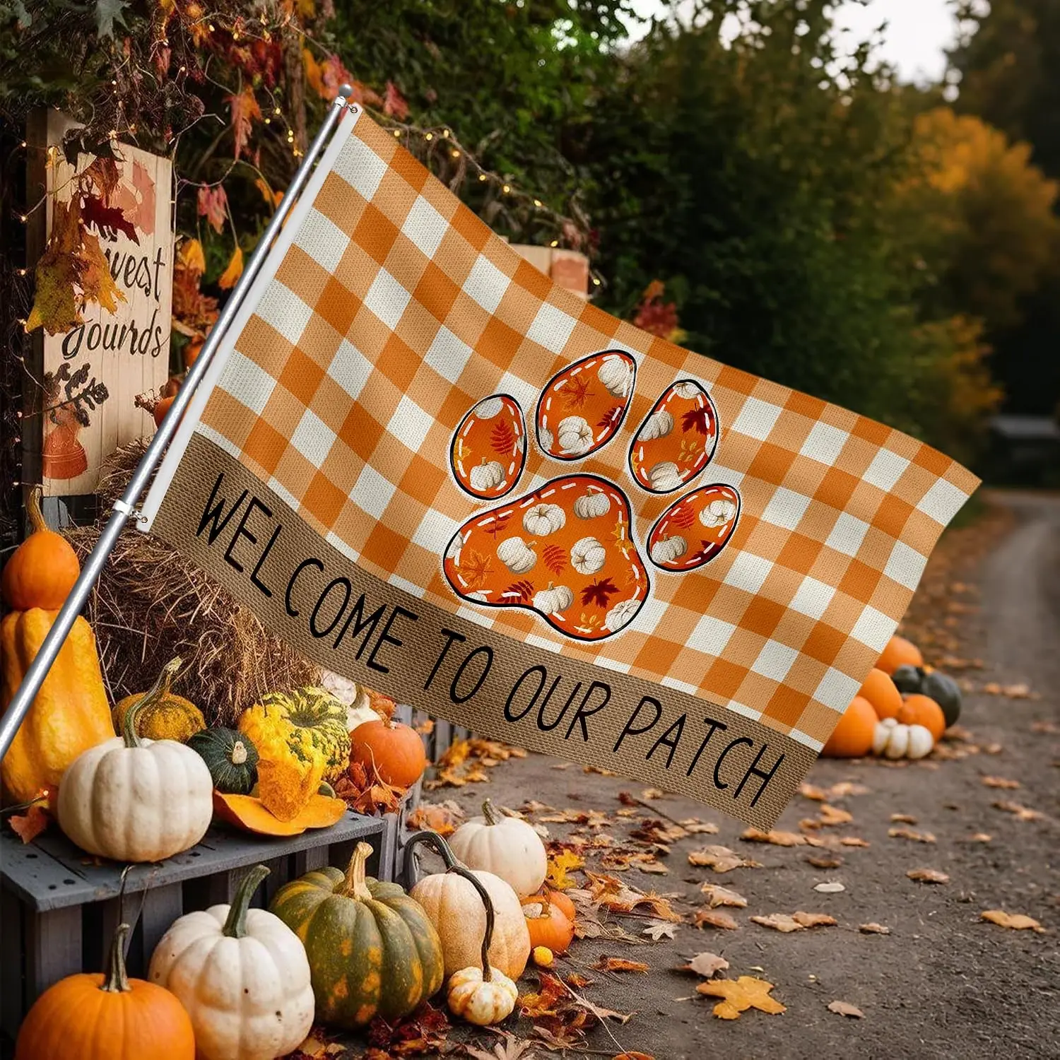 Paw Print Fall Garden House Flag 3x5 Ft Double Sided Outside, Autumn Pumpkin Maple Leaf Welcome checkerboard