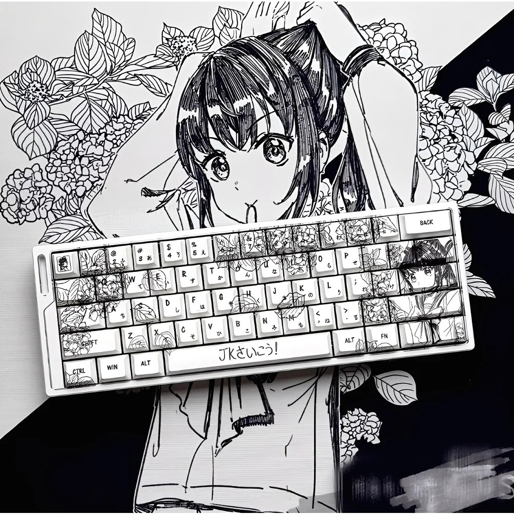 73 Key Black and White Cherry Configuration File PBT Keycap Japanese JK Girl Keycap Compatible 61/65/68 MX Mechanical Keyboard