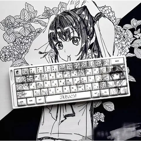 73 Key Black and White Cherry Configuration File PBT Keycap Japanese JK Girl Keycap Compatible 61/65/68 MX Mechanical Keyboard
