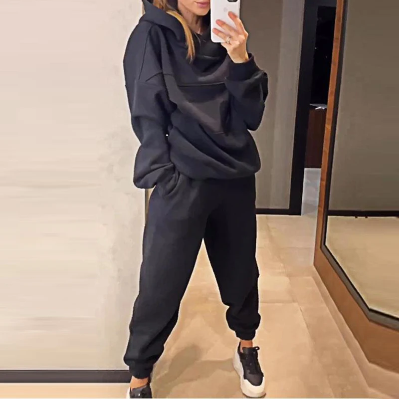 Casual Loose Long Sleeve Hoodies Tops+Pocket Long Pants Suit Winter Warm Commuter 2PC Sets Autumn Women Fashion Solid Sport Set