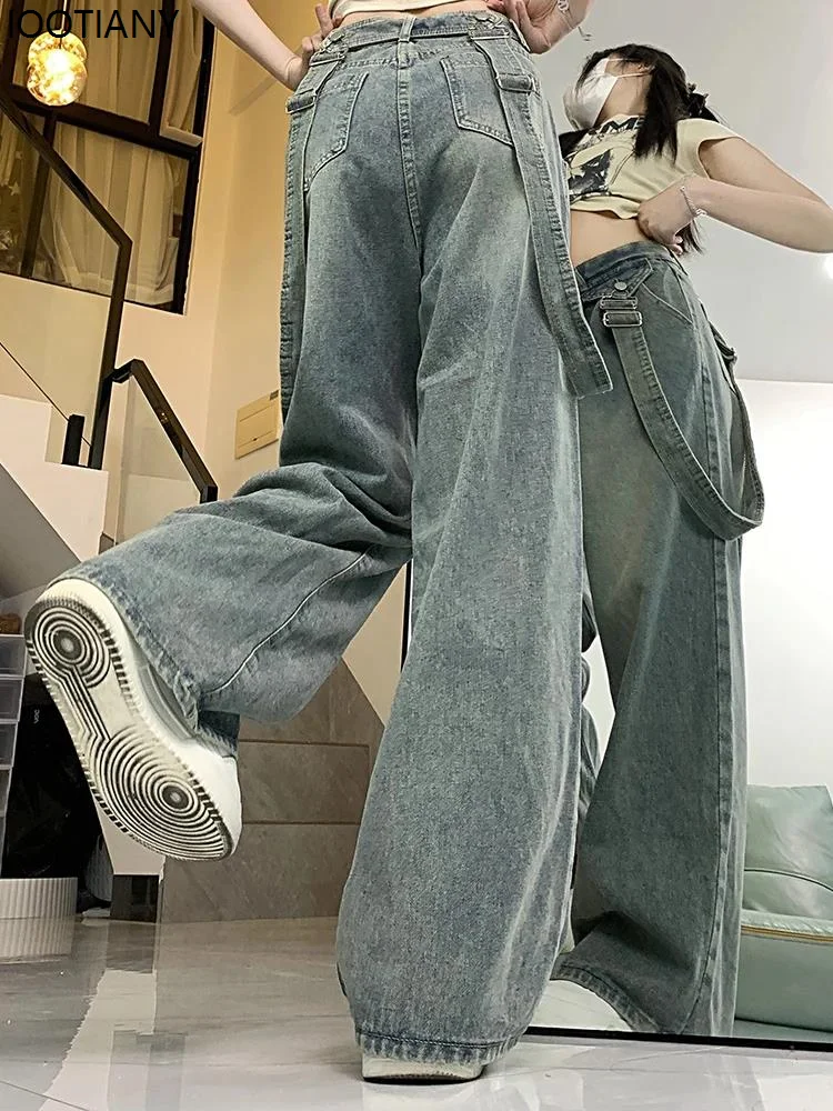 Womens High Street Gothic Y2k Jeans Ladies High Waist Blue Vintage Hip Hop Bib Jeans American Street Style Loose Wide Leg Pants