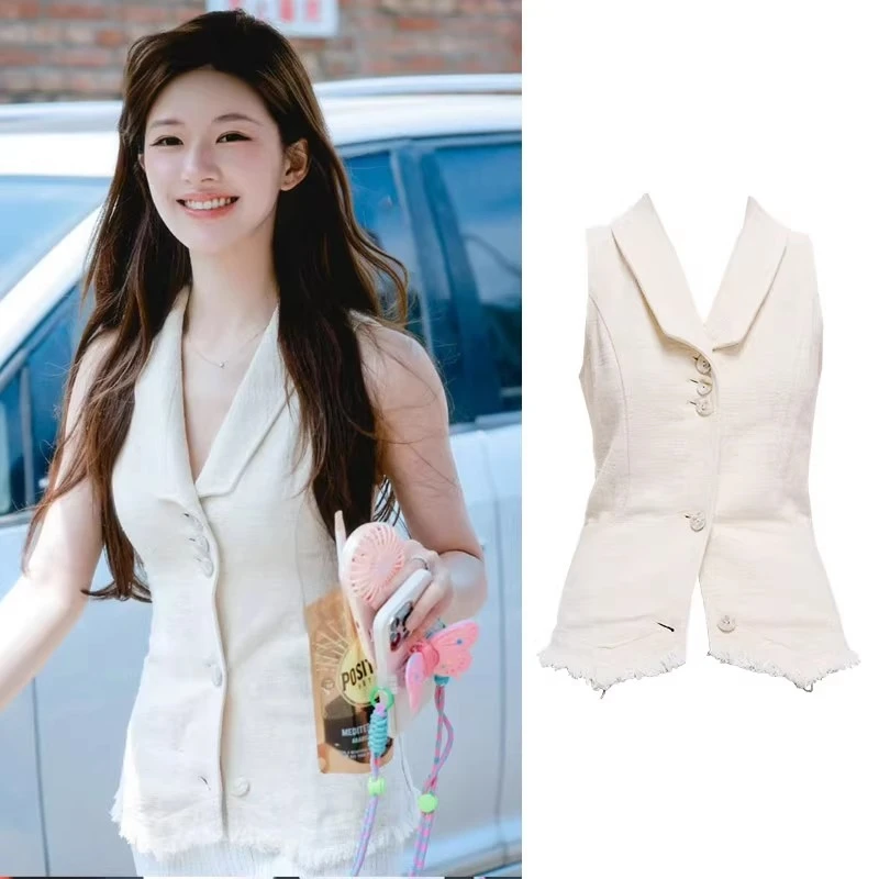 

EXJR White Sleeveless V-Neck Suit Vest Shirt Women's Style Sweet Summer 2024 Single Button Regular Length Other Material