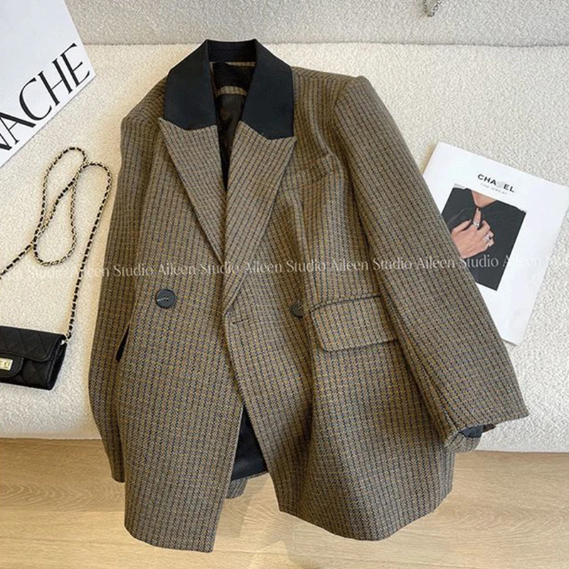 

GIDYQ Houndstooth Wool Blend Blazer Women Elegant Plaid Office Ladies All Match Jacket Vintage Loose Long Sleeve Suit Coat New