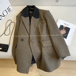 GIDYQ Houndstooth Wool Blend Blazer Women Elegant Plaid Office Ladies All Match Jacket Vintage Loose Long Sleeve Suit Coat New