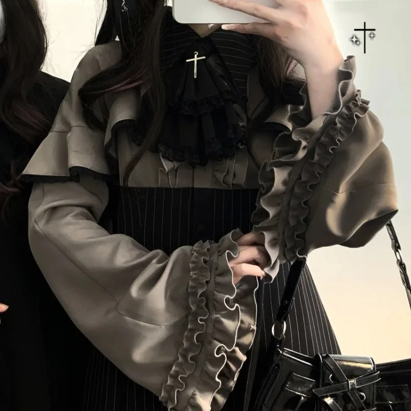 Frauen Japanische Y2K Ästhetik Vintage Bogen Kleid Shorts Set Gothic Lolita Stil Langarm Hemd Kleid Elegante Party Kleid Anzüge