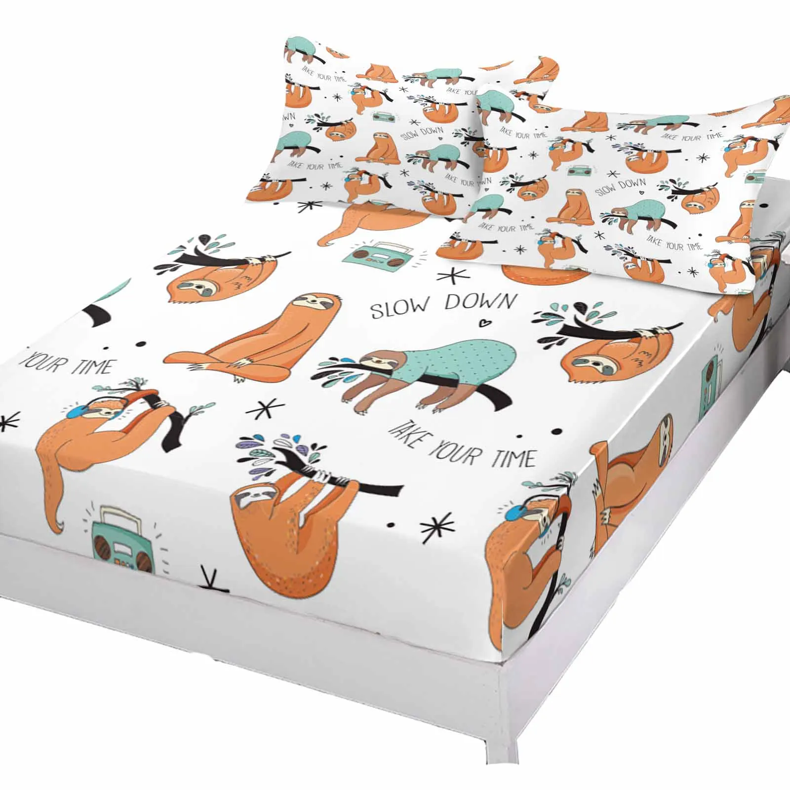 Cute Sloth Lying Down Animal Drawing Hand Drawn Bed Mattress Fitted sheet Elastic Rubber Band Non-slip Bed Sheet Pillowcase Set