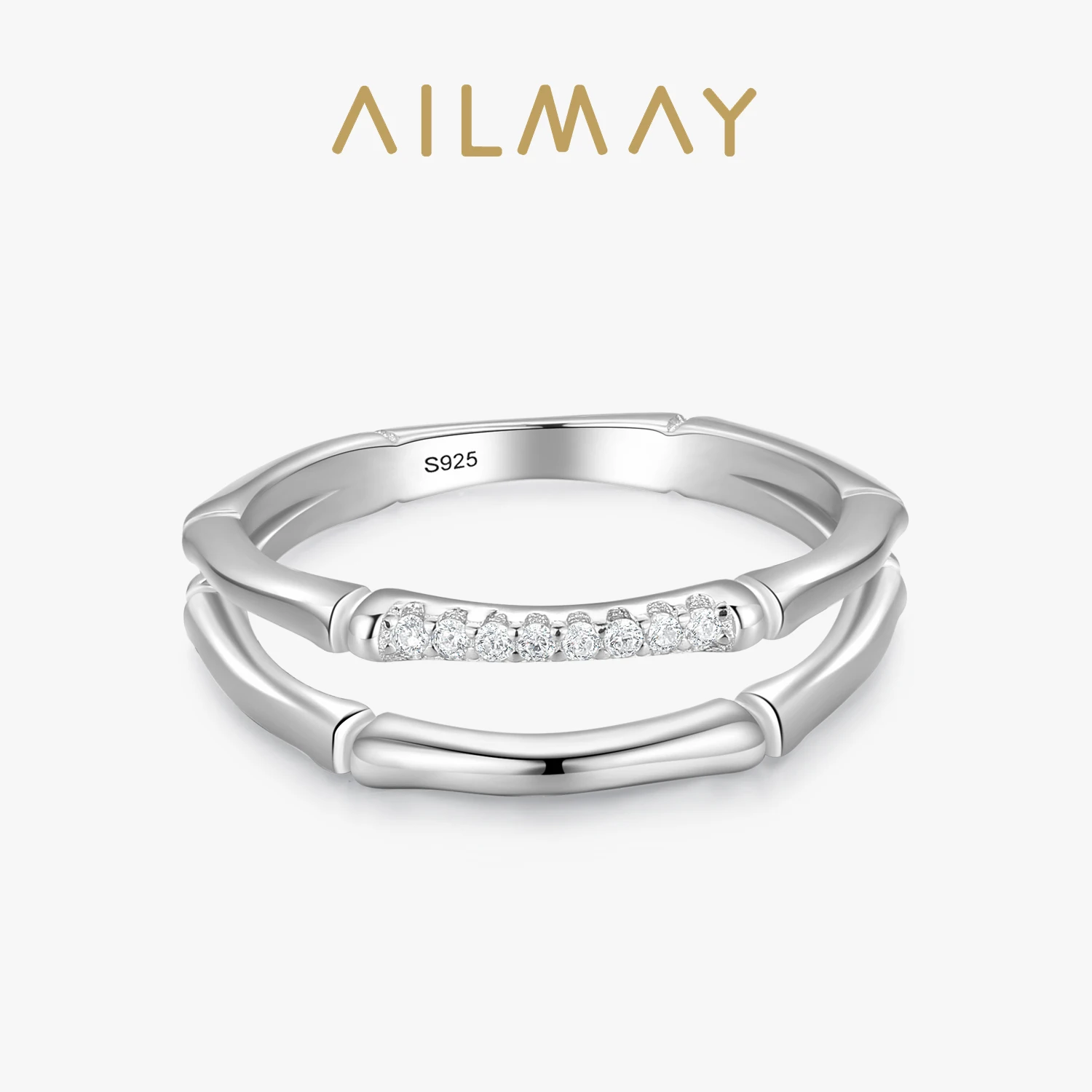 Ailmay Real 925 Sterling Silver Simple Fashionc Clear CZ Double-Deck Rings For Women Girls Anti-allergy Fine Jewelry Gifts