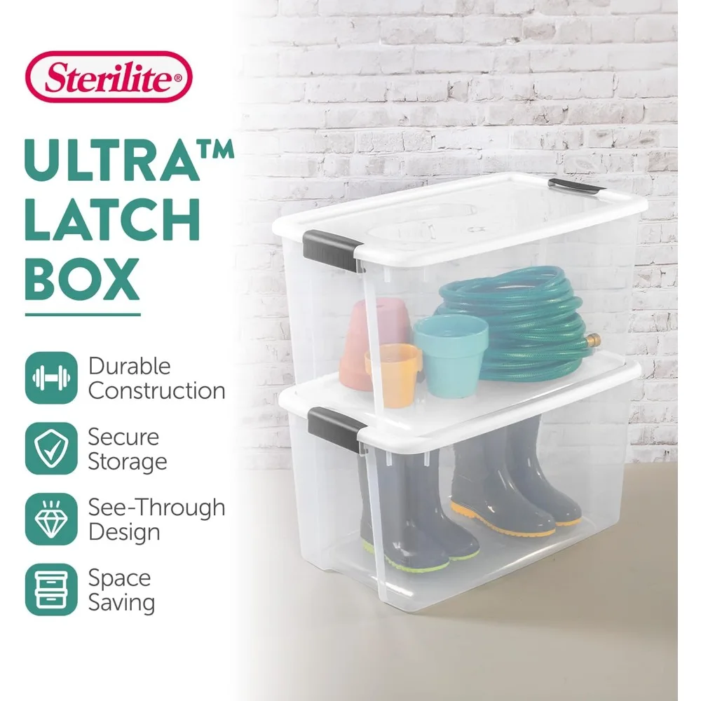 70 Qt Ultra Latch Box, Stackable Storage Bin with Lid, Plastic Container with Heavy Duty Latches to Organize, Clear