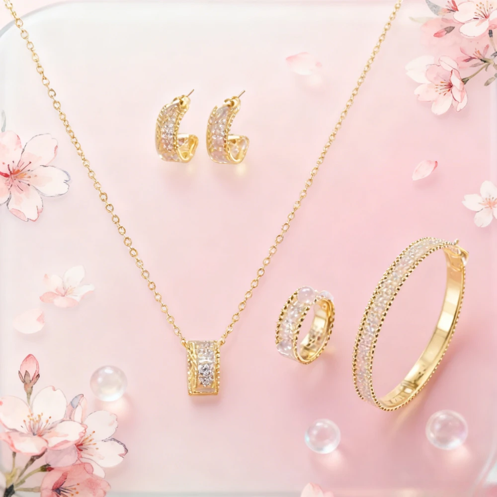 

Premium Jewelry Women's Zircon 4-Piece Set (Bracelet Ring Earring Pendant) Classic Plant Flower Luxury Fashion