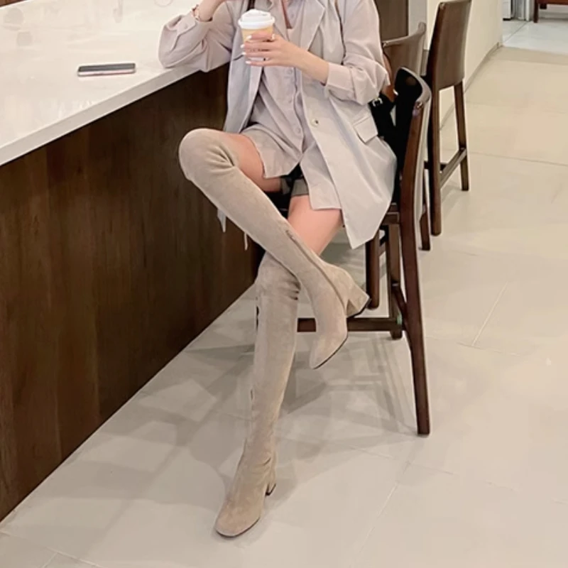 

Women's 2025 New Arrival Solid Square Toe Over The Knee Boots Chunky Mid Heel Slimming Plus Size Office Spring Autumn