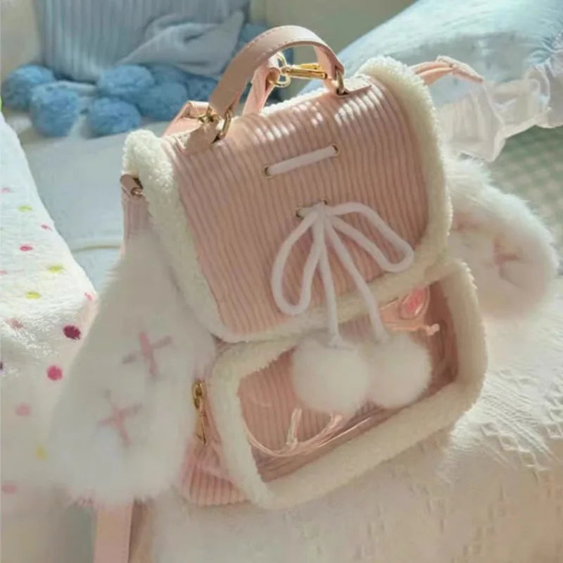 حقيبة ظهر لطيفة من القطيفة لخريف وشتاء 2025، حقيبة أذن أرنب وردية متعددة الاستخدامات، حقيبة ألم كاجوال وبسيطة ذات سعة كبيرة #2