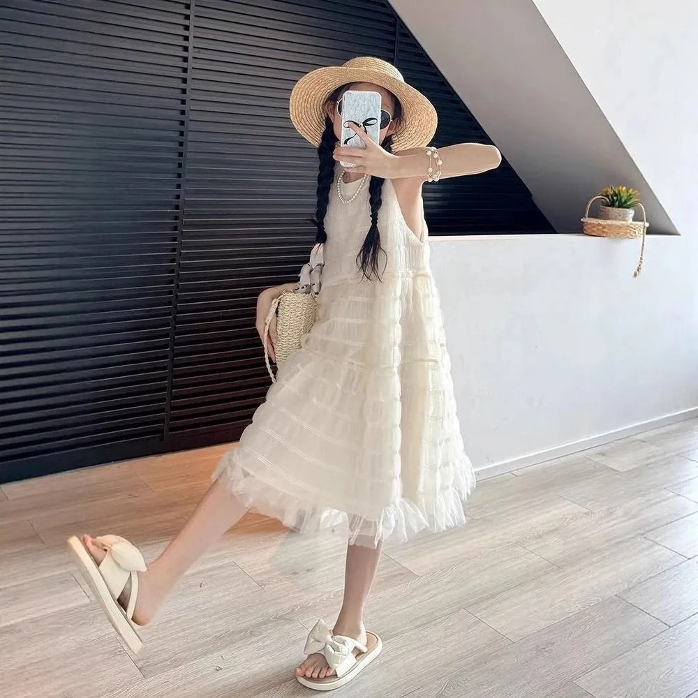 

Elegant Loose Girls Princess Dress Children Beach Vacation Summer Mesh Dress Sweet Party Teens Long Dress Students