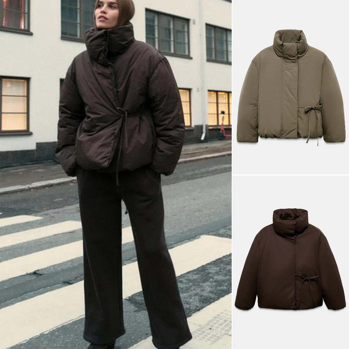 

Winter New High Collar Long Sve Straight Cut Cotton Jaet with Knot Design Women's Outerwear Commute Sle