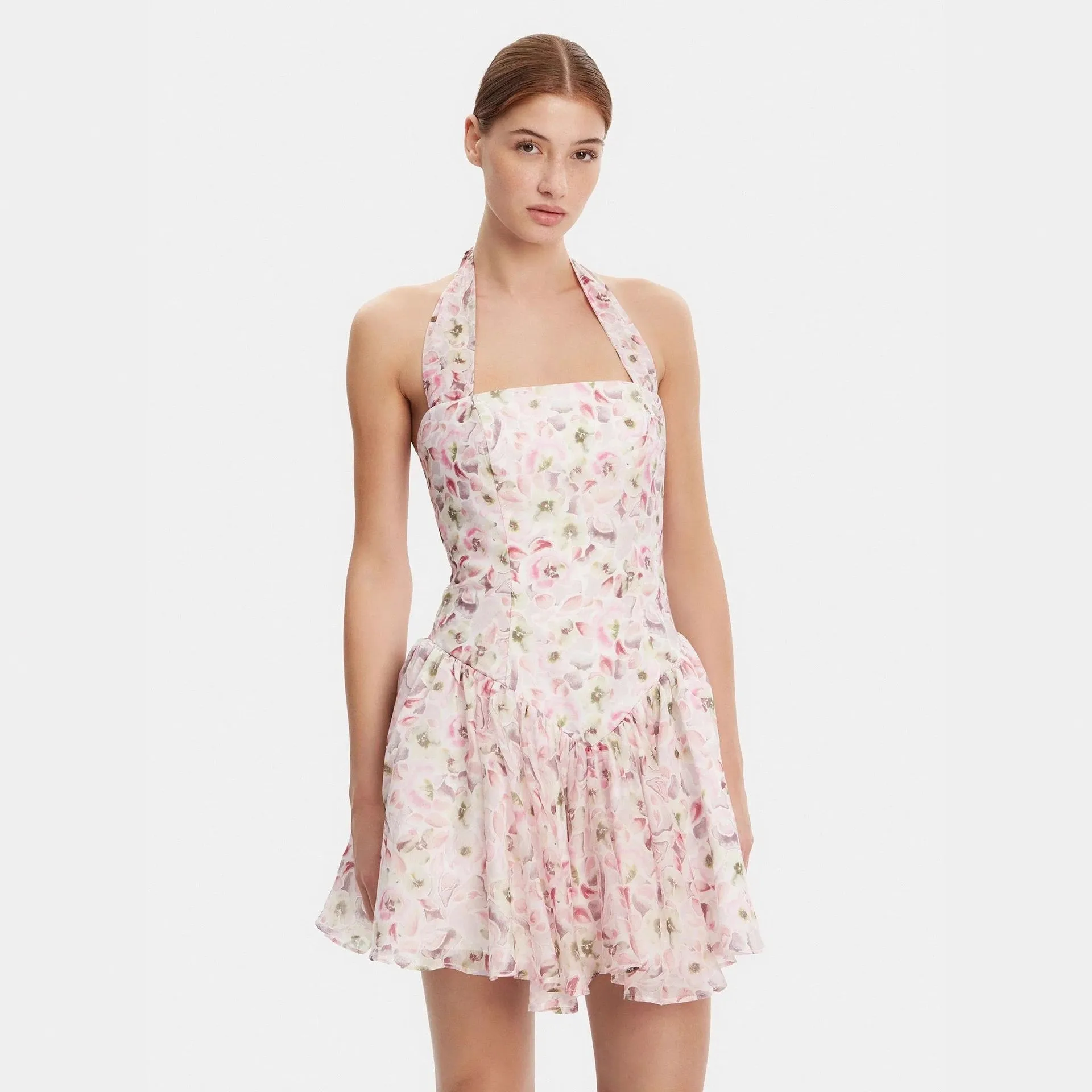 

Light luxury celebrity summer vacation beach short floral dress with neck hanging design, fairy dress