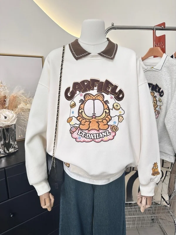 

Heavy Embroidery Cartoon Color Block Neck Loose Thickened Fake Two-Piece Hoodie Women's Autumn Long Sleeve Casual Sweats...