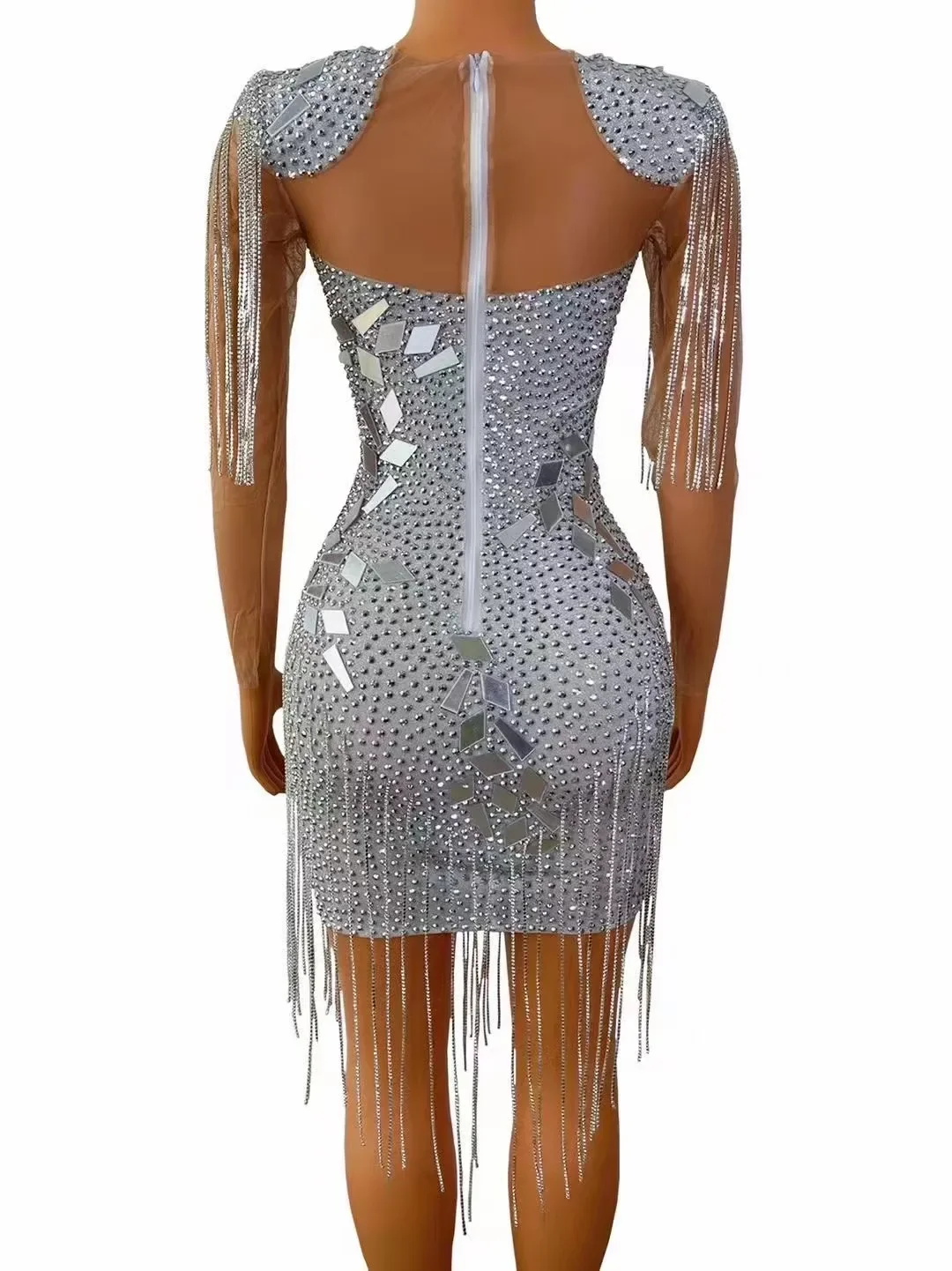 Vestido de cumpleaños con espejos, traje de escenario, cadenas de cristales, vestido de malla transparente para fiesta, celebración, disfraz con flecos, club nocturno