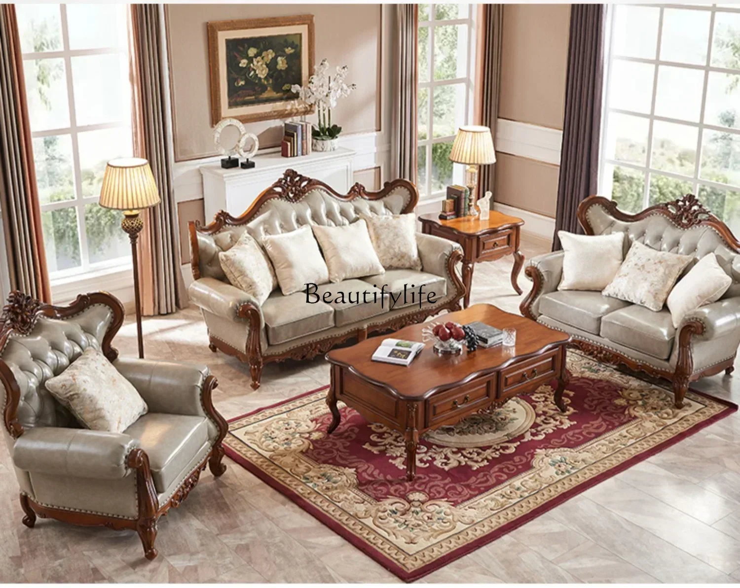 

American high-end sofa European luxury solid wood leather classic retro carving