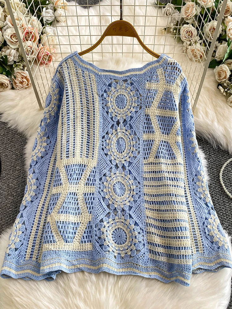 เสื้อถักไหมพรมผู้หญิง สไตล์โบฮีเมียน สำหรับฤดูใบไม้ผลิและฤดูใบไม้ร่วง ลายปักฉลุ คอทรงโอ เสื้อยืด บลูซา เสื้อคลุมผู้หญิง รุ่น BL231
