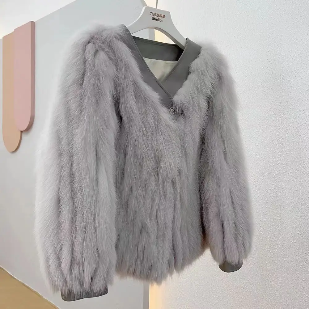 Faux Fox Fur Coat for Women,Korean Short Jackets,Covered Button Overcoat, V-Neck, Female Clothes, Winter,New, 2024