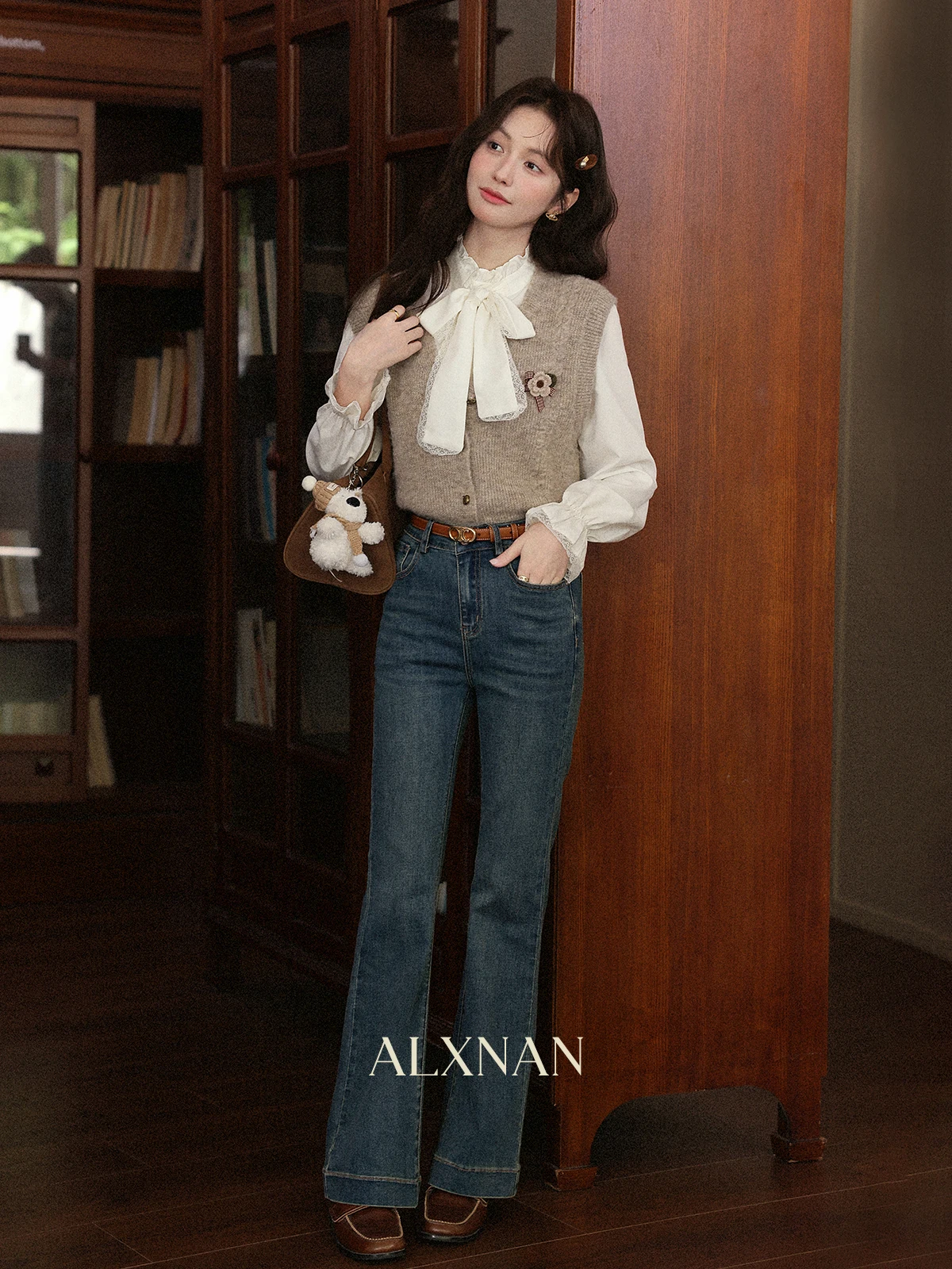 ALXNAN Schlagjeans für Damen, blau, Vintage, hohe Taille, weites Bein, Baumwoll-Denim-Hose, 2025, Herbst, elegant, lässig, Baggy-Hose, L56918