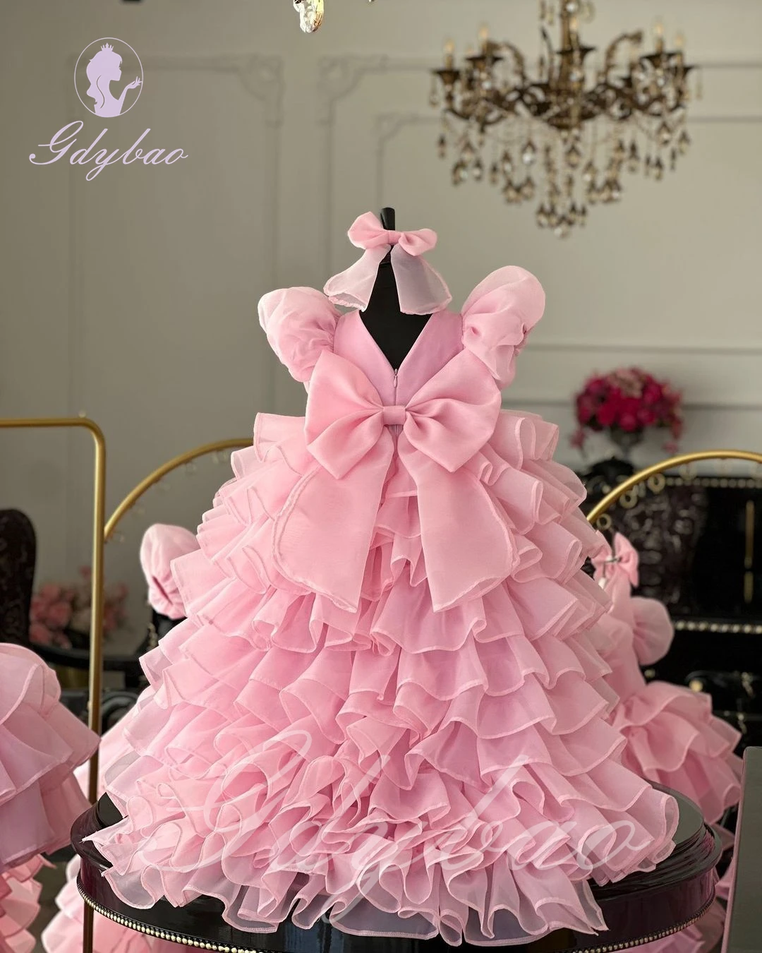Pink/White Layered Flower Girl Dress For Wedding Puffy With Tail Bow Short Sleeves Kids Baby Birthday First Communion Gown