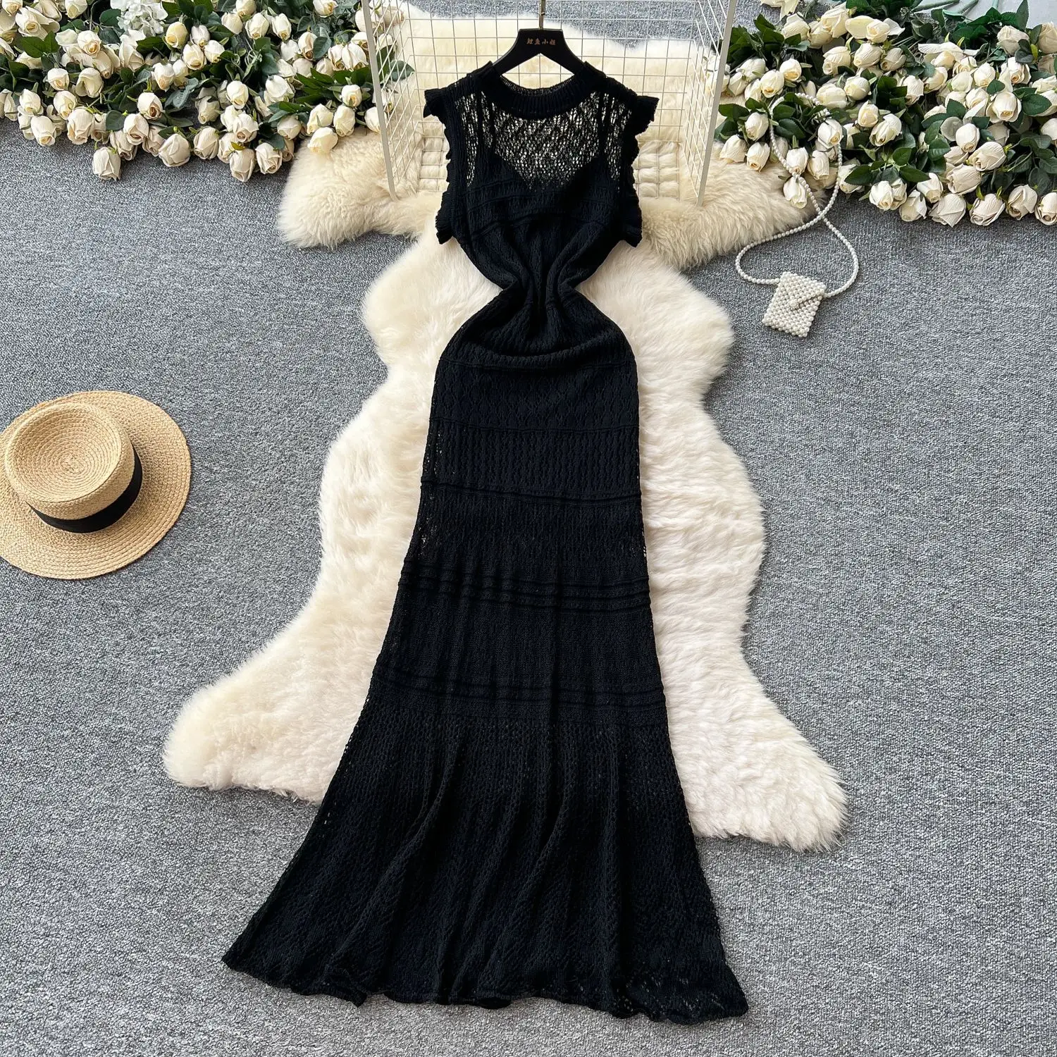 

Knitted Dress Women Long Dresses Vestidos Round Neck Fly Sleeve Elegant Bodycon Y2k Streetwear Party Night Work Summer 2025
