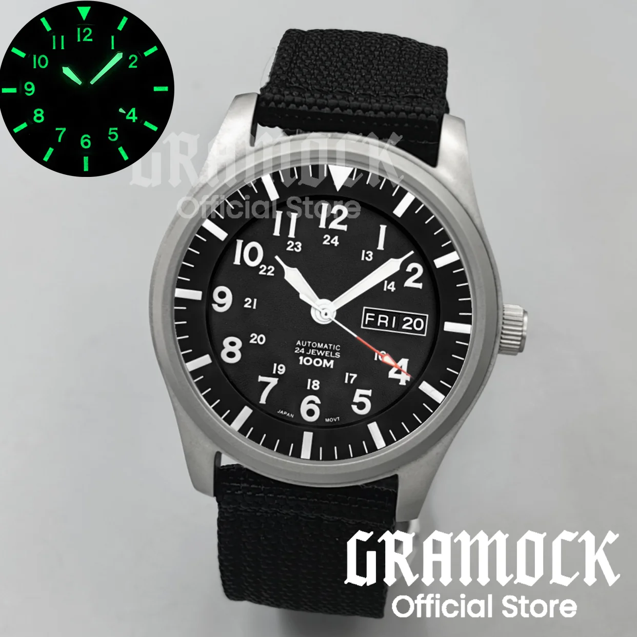 Gramock 42 مللي متر الرجال ريترو نحى ماتي ساعة حزام مضيئة الهاتفي الياقوت GlassFit NH35 NH36 الحركة التلقائية مقاوم للماء