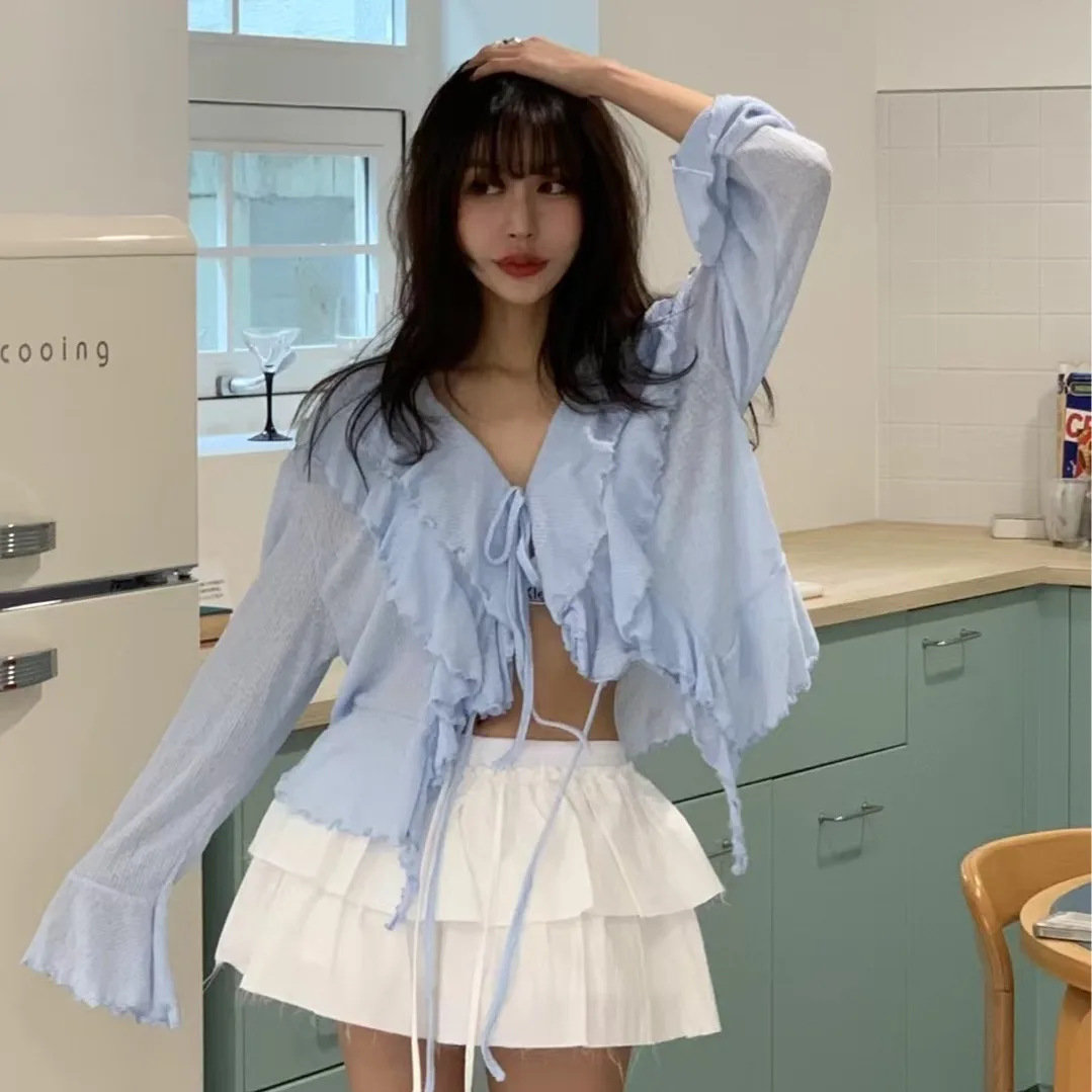

Sweet Chic Women's Shirt Spring New Design Asymmetrical Sun Protection Floral Lace Breathable Skin-friendly Korean Style