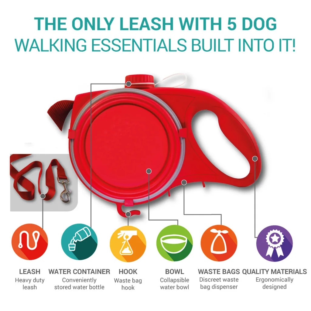 Multi-Functional Retractable Dog Leash With Dish And Water Bottle Pet Leash With Waste Bag Container