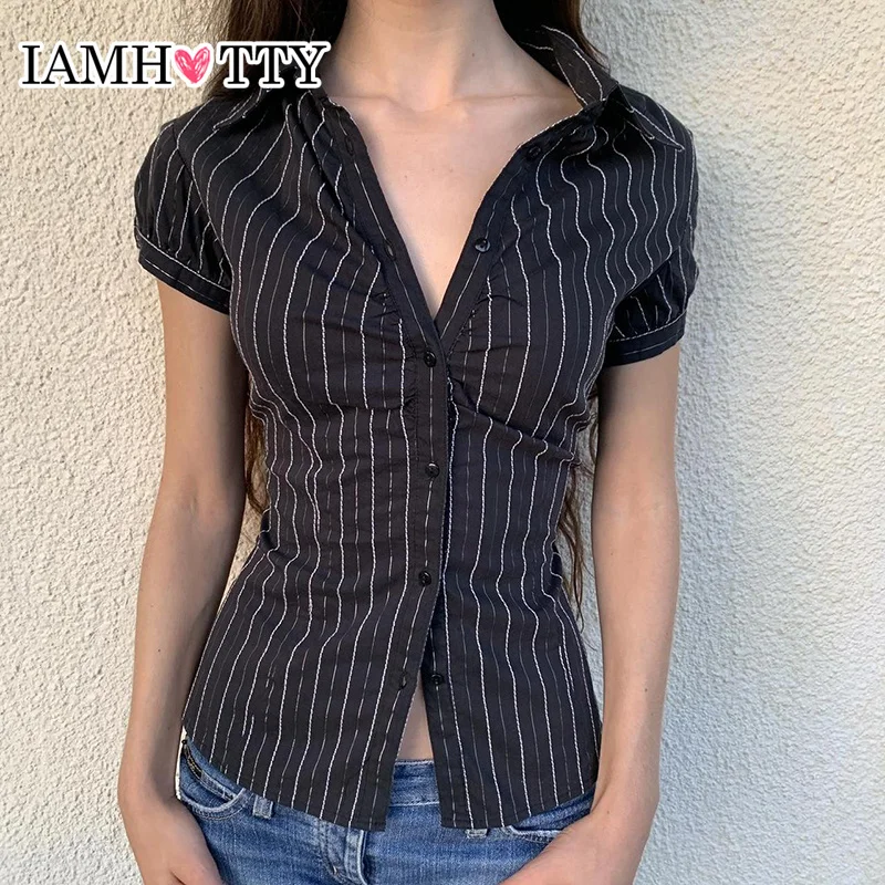 IAMHOTTY Chic Elegant Striped Blouse Women\'s Summer French Style Button-up Turn-down Collar Shirt Vintage Streetwear Y2K Tops