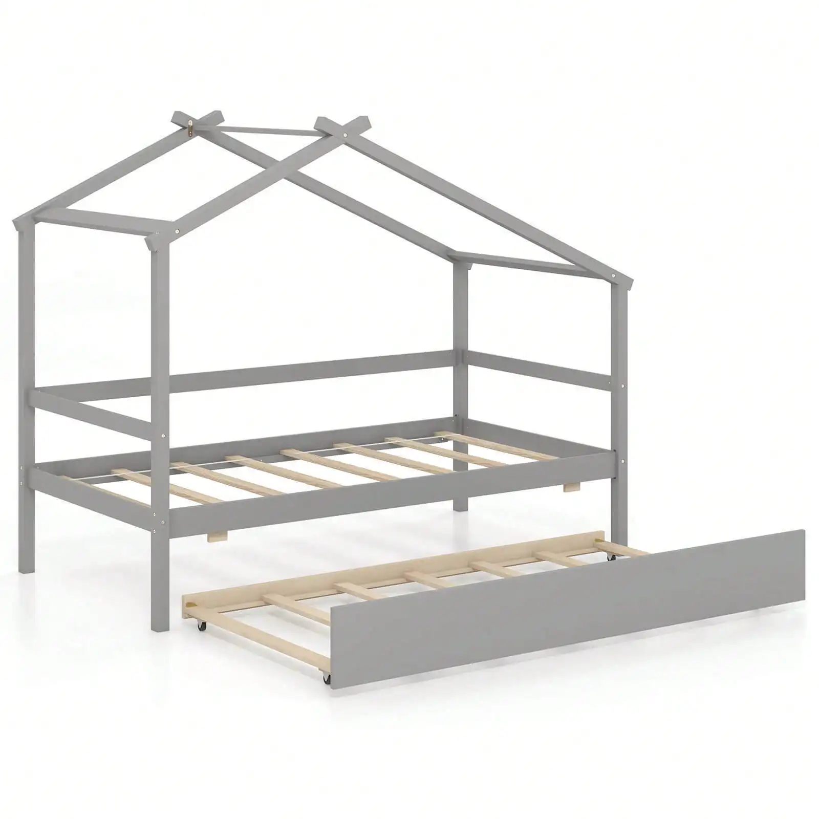 

Bed with Trundle w/ Roof and Fence Rails Platform Bed Frame