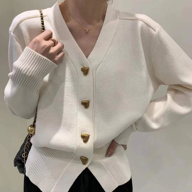 Spring Autumn Solid Color V-neck Long Sleeve Sweater Women High Street Button Patchwork Casual Cardigan Elegant All-match Tops