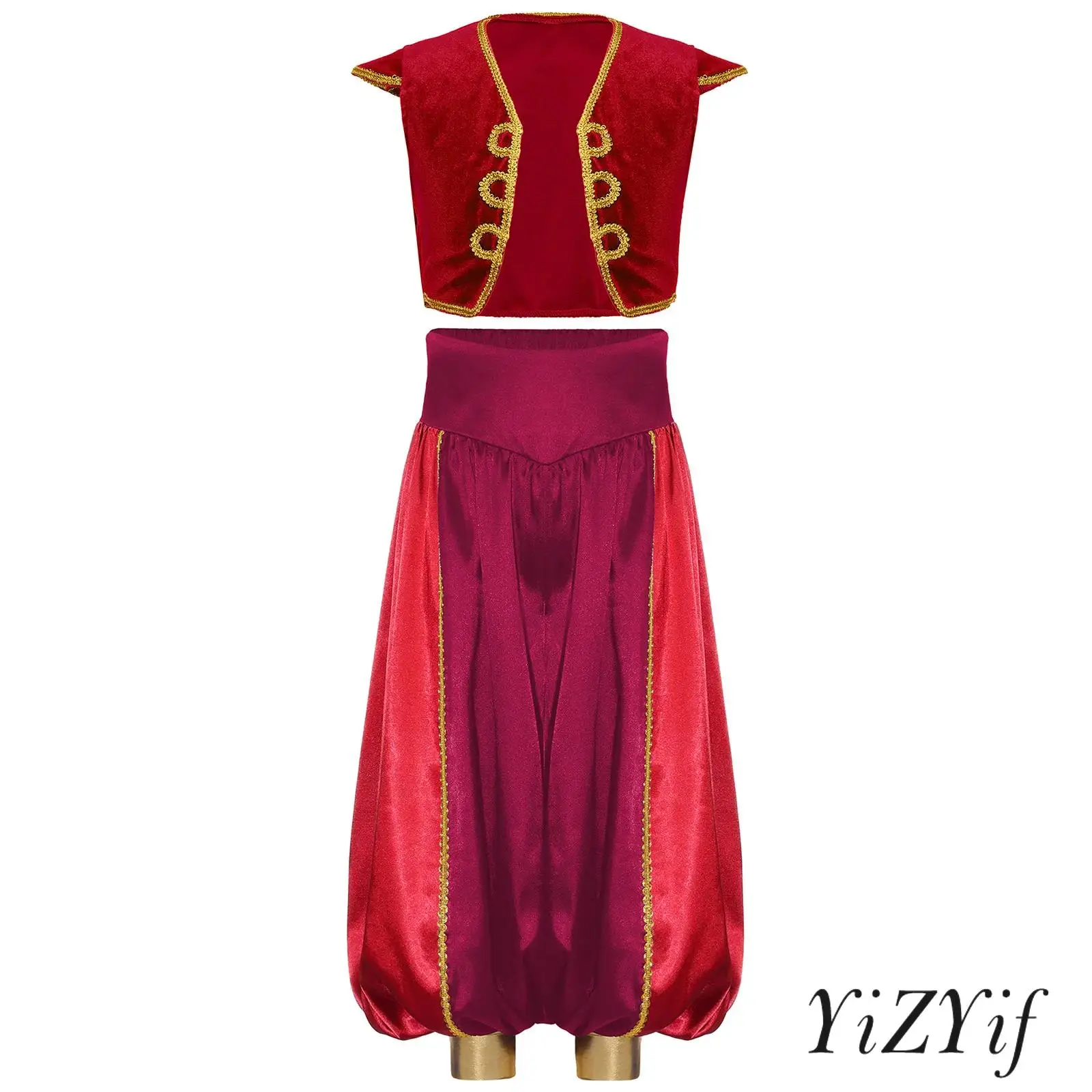 

Kids Boys 2Pcs Arabian Prince Costume Set Cap Sleeve Braided Trimming Vest Waistcoat And Arabian Dance Pants for Halloween Party