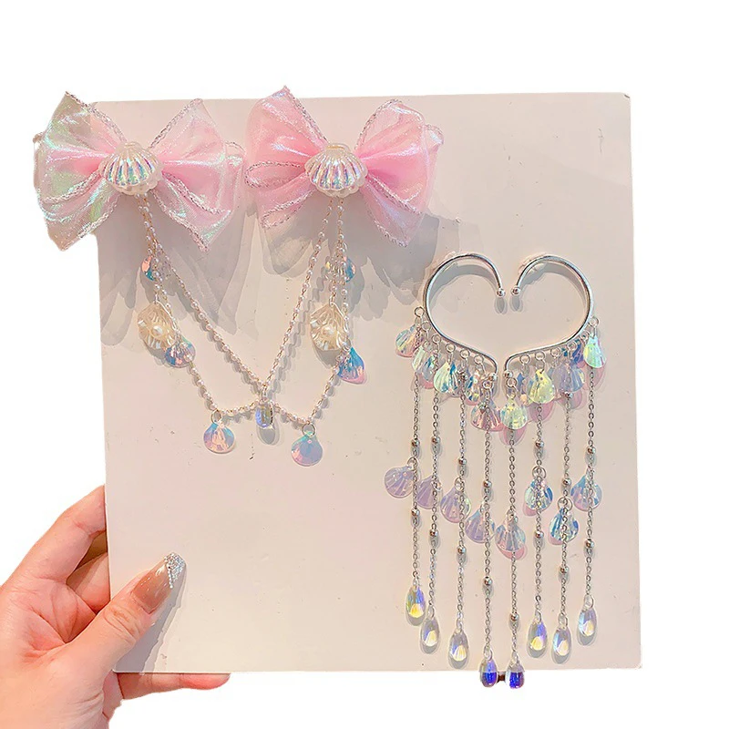 Cartoon Mädchen Haarspange Kinder Meerjungfrau Prinzessin Perlen Fransen Rosa Lila Schleife Stirnkette Haarnadel Feen Ohrhänger Accessoires – Detail 5