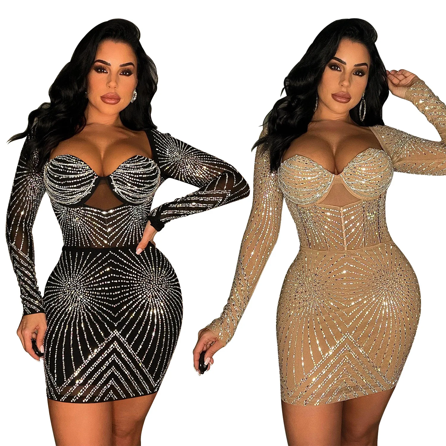 

EINY Y2k Luxury Geometric Black Rhinestone Short Party Dresses Robe Femme Women Elegant Sequin Bodycon Night Dress Sexy Clubwear