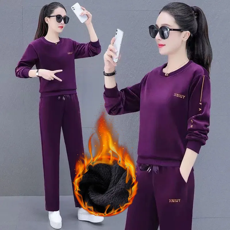 Winter Velvet 2 Pieces Sets O-neck Plush Lined Loose Top Outfit High Waist Straight Baggy Pant Suits Thick Warm Casual Ensemble