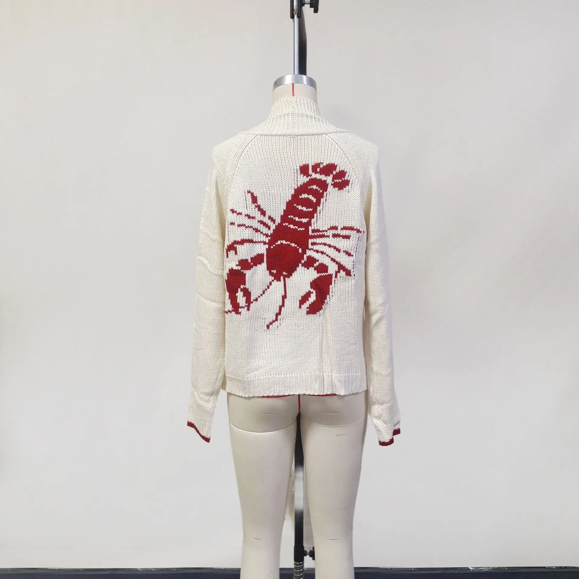 Spring Autumn Women Knit Cardigan Lobster Print Sweater Coat Long Sleeve V Neck Button Down Top Knitwear Female Outerwear Jacket